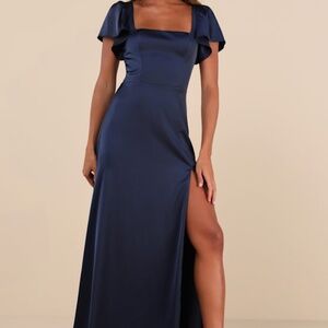 Lulus Ultimate Sweetness Navy Blue Satin Flutter Sleeve Maxi Dress - Size 3X